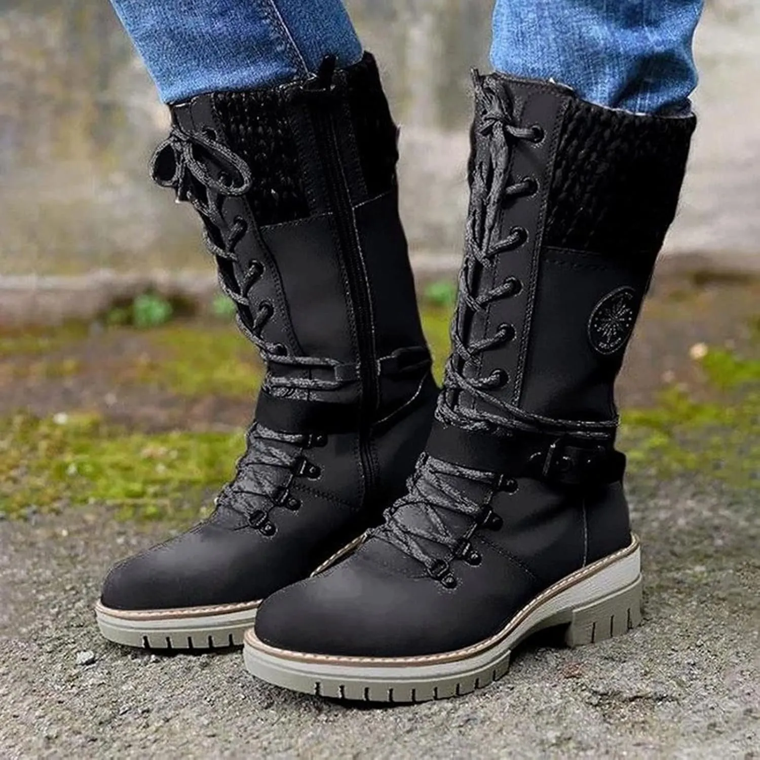 AngryMonkey Women's Winter Warm Mid-Calf Snow Boots,Knitted Suede Splicing Lace-up Non-Slip Waterproof Outdoor Casual Booties
