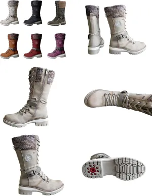 AngryMonkey Women's Winter Warm Mid-Calf Snow Boots,Knitted Suede Splicing Lace-up Non-Slip Waterproof Outdoor Casual Booties