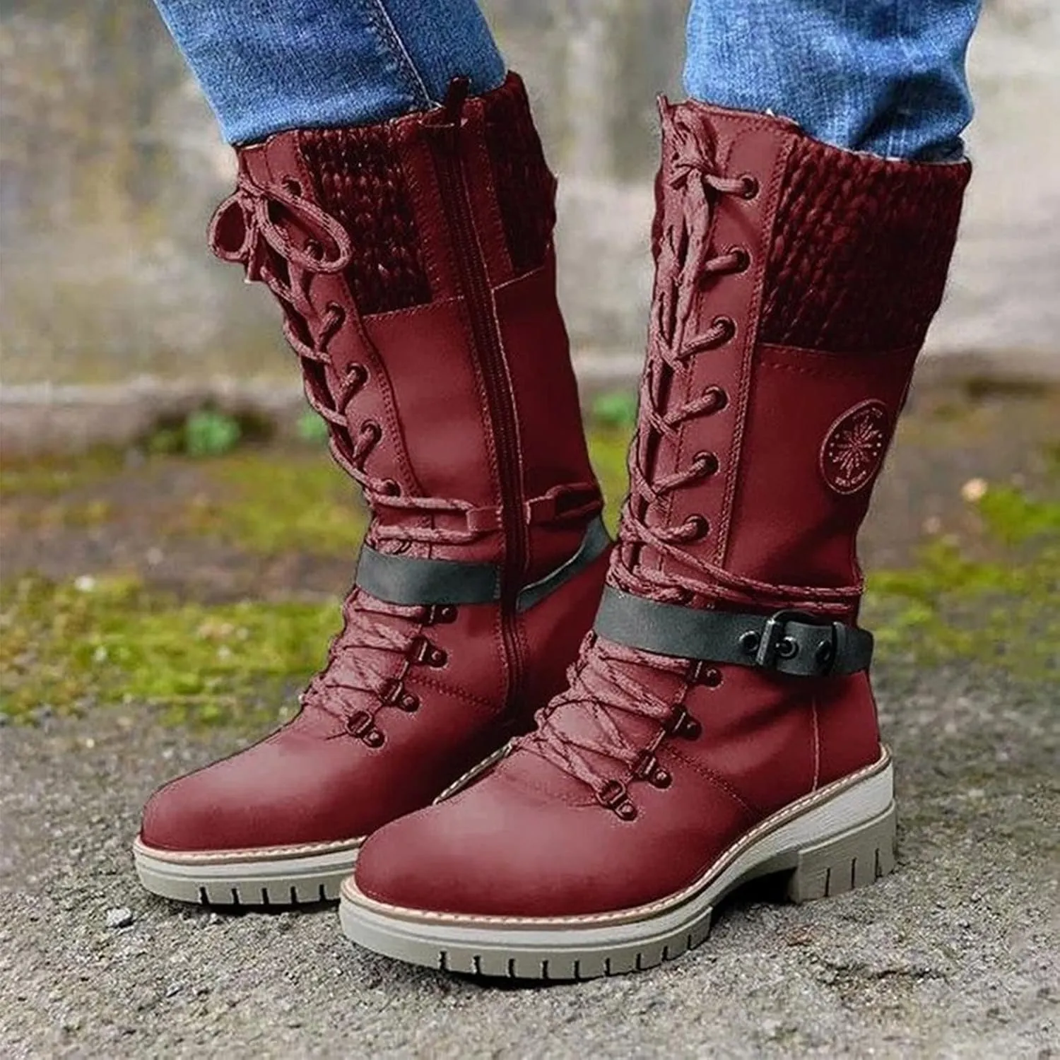 AngryMonkey Women's Winter Warm Mid-Calf Snow Boots,Knitted Suede Splicing Lace-up Non-Slip Waterproof Outdoor Casual Booties