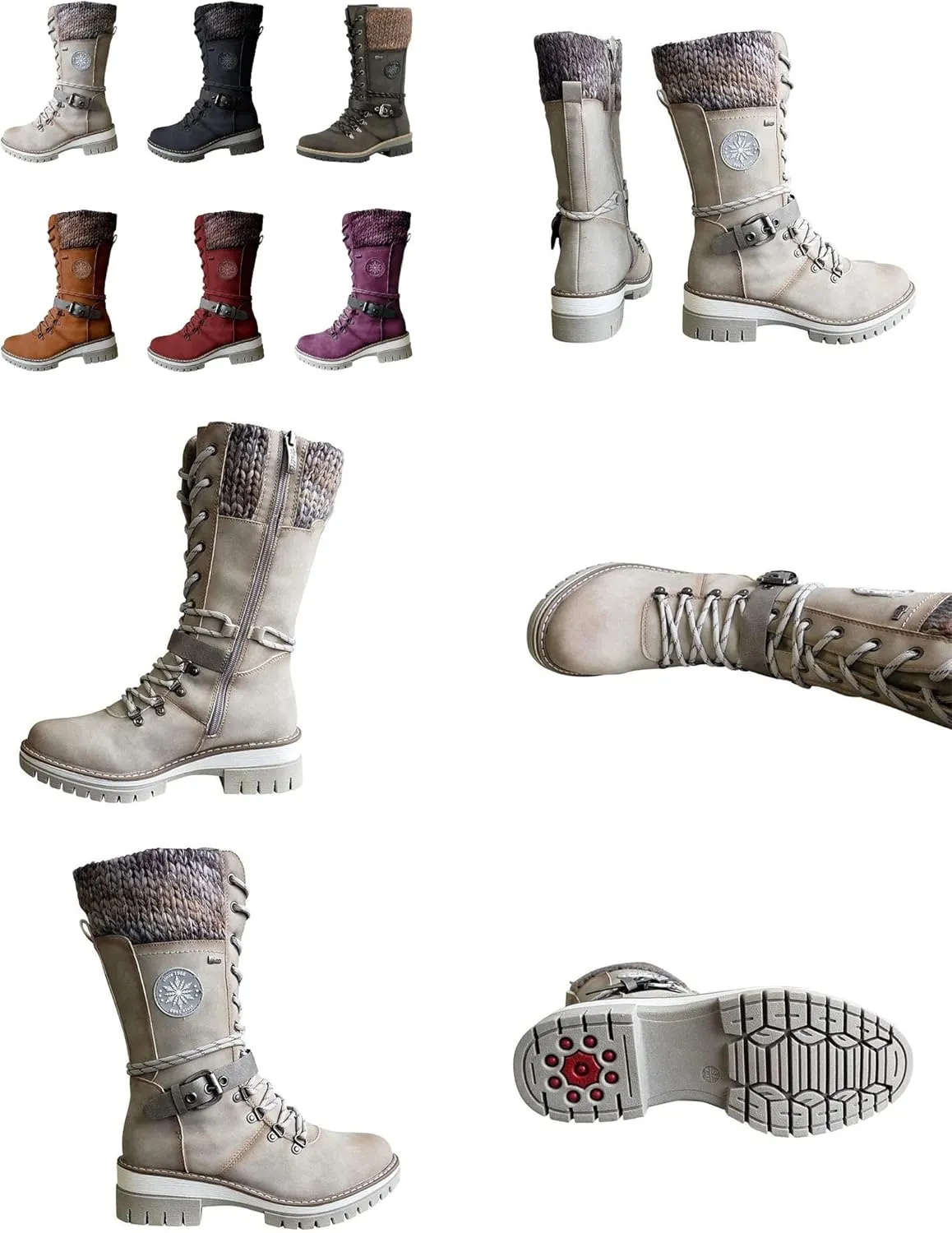 AngryMonkey Women's Winter Warm Mid-Calf Snow Boots,Knitted Suede Splicing Lace-up Non-Slip Waterproof Outdoor Casual Booties