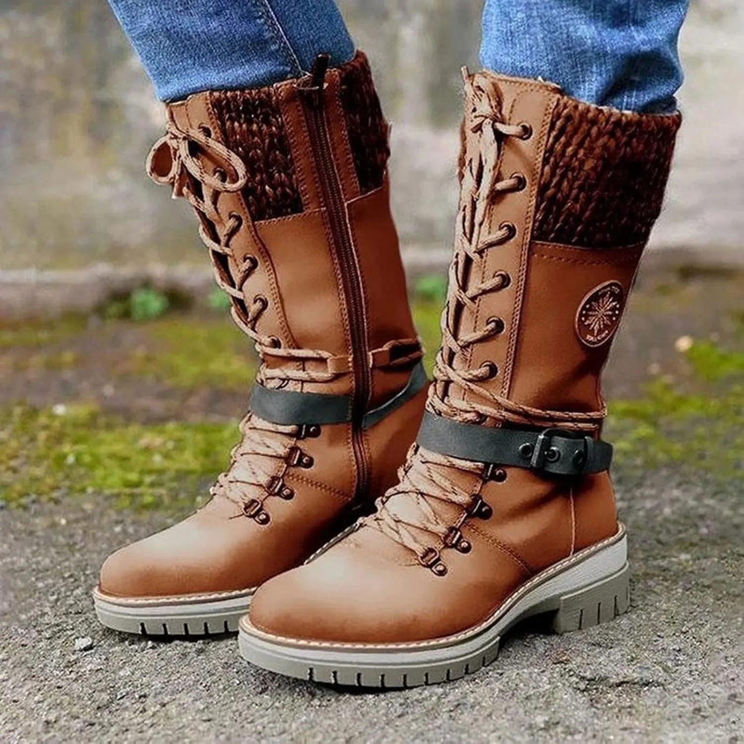 AngryMonkey Women's Winter Warm Mid-Calf Snow Boots,Knitted Suede Splicing Lace-up Non-Slip Waterproof Outdoor Casual Booties
