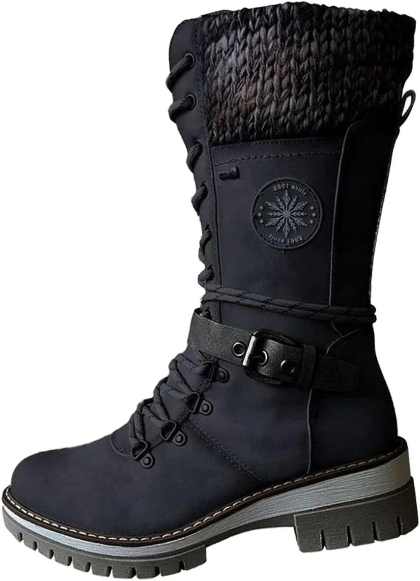AngryMonkey Women's Winter Warm Mid-Calf Snow Boots,Knitted Suede Splicing Lace-up Non-Slip Waterproof Outdoor Casual Booties