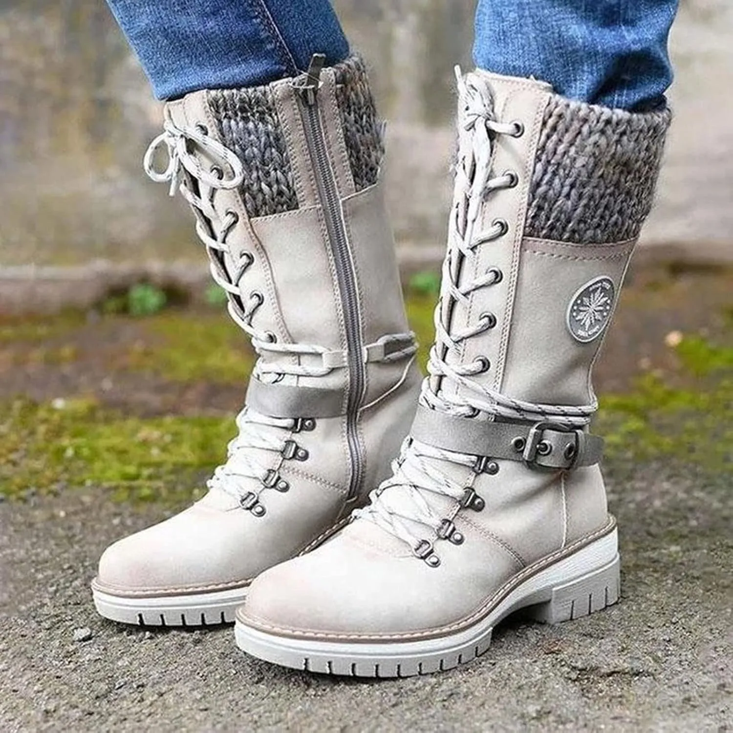 AngryMonkey Women's Winter Warm Mid-Calf Snow Boots,Knitted Suede Splicing Lace-up Non-Slip Waterproof Outdoor Casual Booties