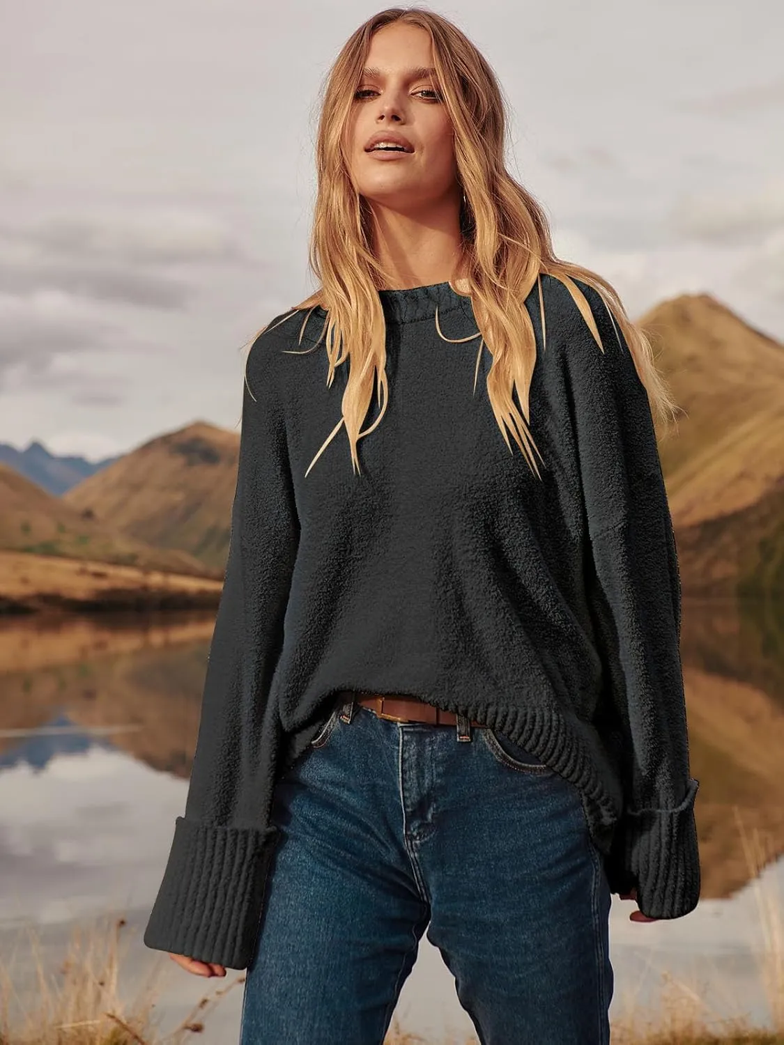 ANRABESS Women's Oversized Crewneck Long Sleeve Fuzzy Knit Casual Chunky Warm 2025 Fall Pullover Sweaters Top Trendy Outfits