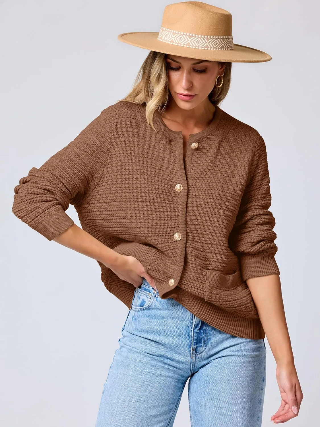 ANRABESS Women's Tweed Knit Cardigan Sweater Casual Long Sleeve Cropped Button Down Lady Jackets 2025 Spring Fashion Outwear