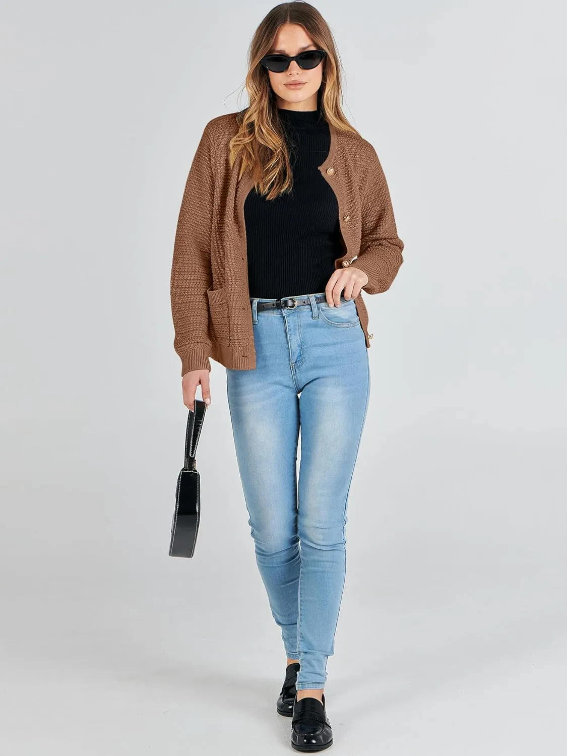 ANRABESS Women's Tweed Knit Cardigan Sweater Casual Long Sleeve Cropped Button Down Lady Jackets 2025 Spring Fashion Outwear