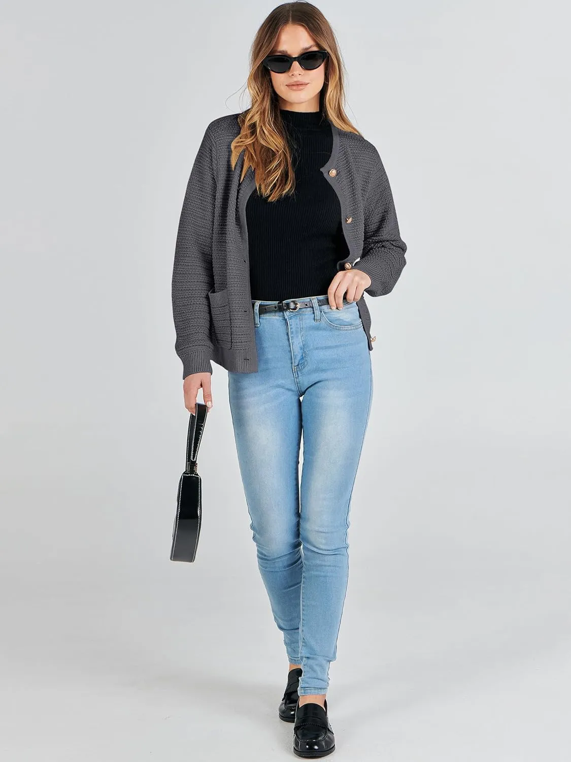ANRABESS Women's Tweed Knit Cardigan Sweater Casual Long Sleeve Cropped Button Down Lady Jackets 2025 Spring Fashion Outwear