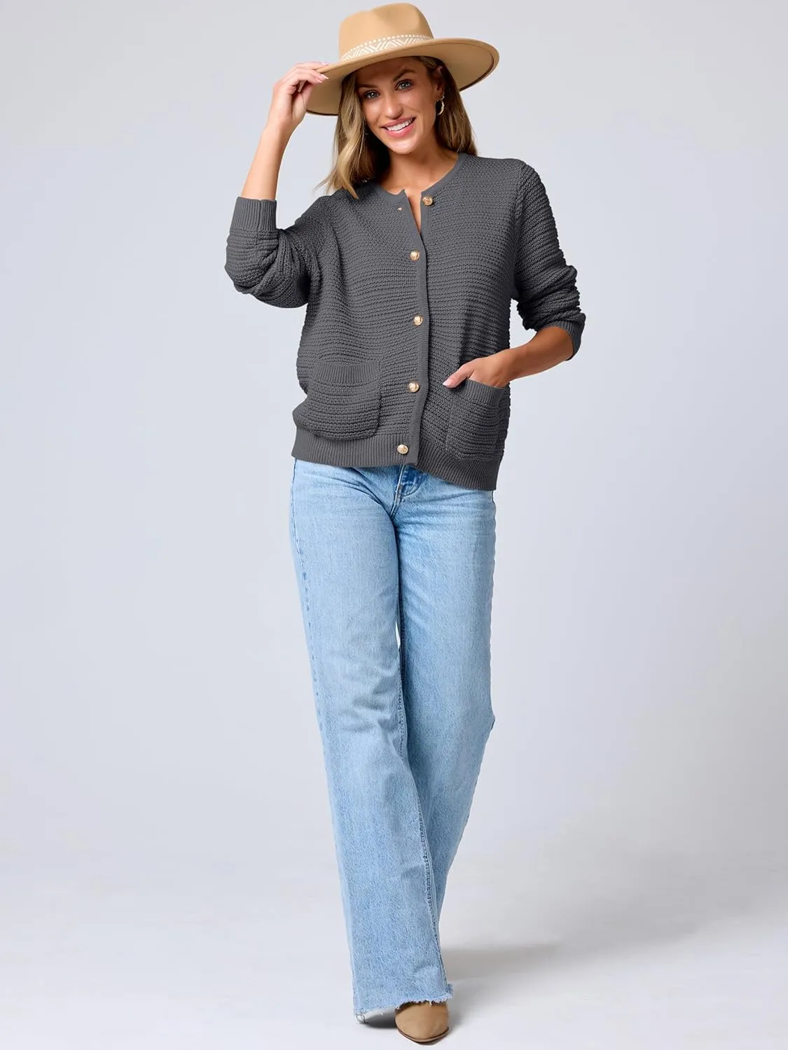 ANRABESS Women's Tweed Knit Cardigan Sweater Casual Long Sleeve Cropped Button Down Lady Jackets 2025 Spring Fashion Outwear