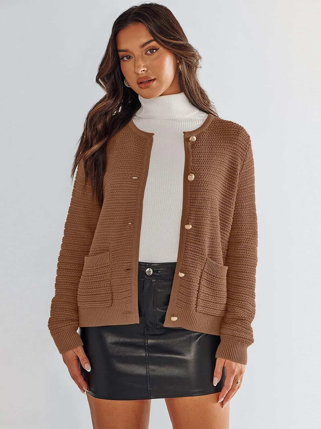 ANRABESS Women's Tweed Knit Cardigan Sweater Casual Long Sleeve Cropped Button Down Lady Jackets 2025 Spring Fashion Outwear