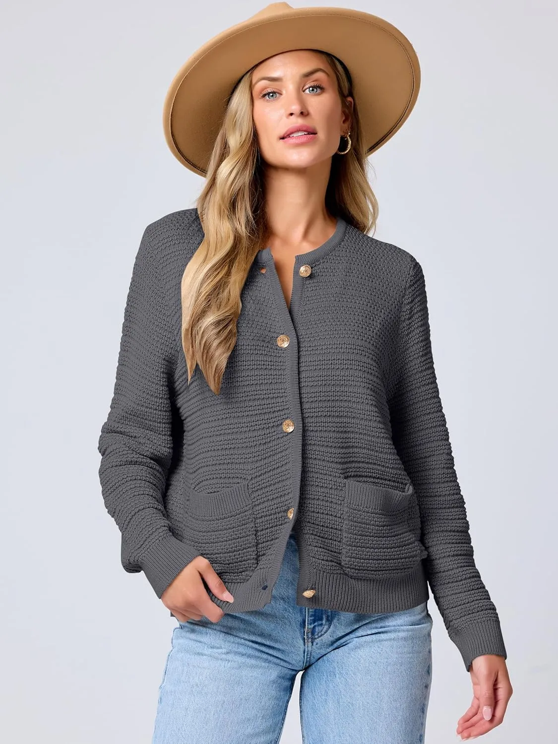 ANRABESS Women's Tweed Knit Cardigan Sweater Casual Long Sleeve Cropped Button Down Lady Jackets 2025 Spring Fashion Outwear