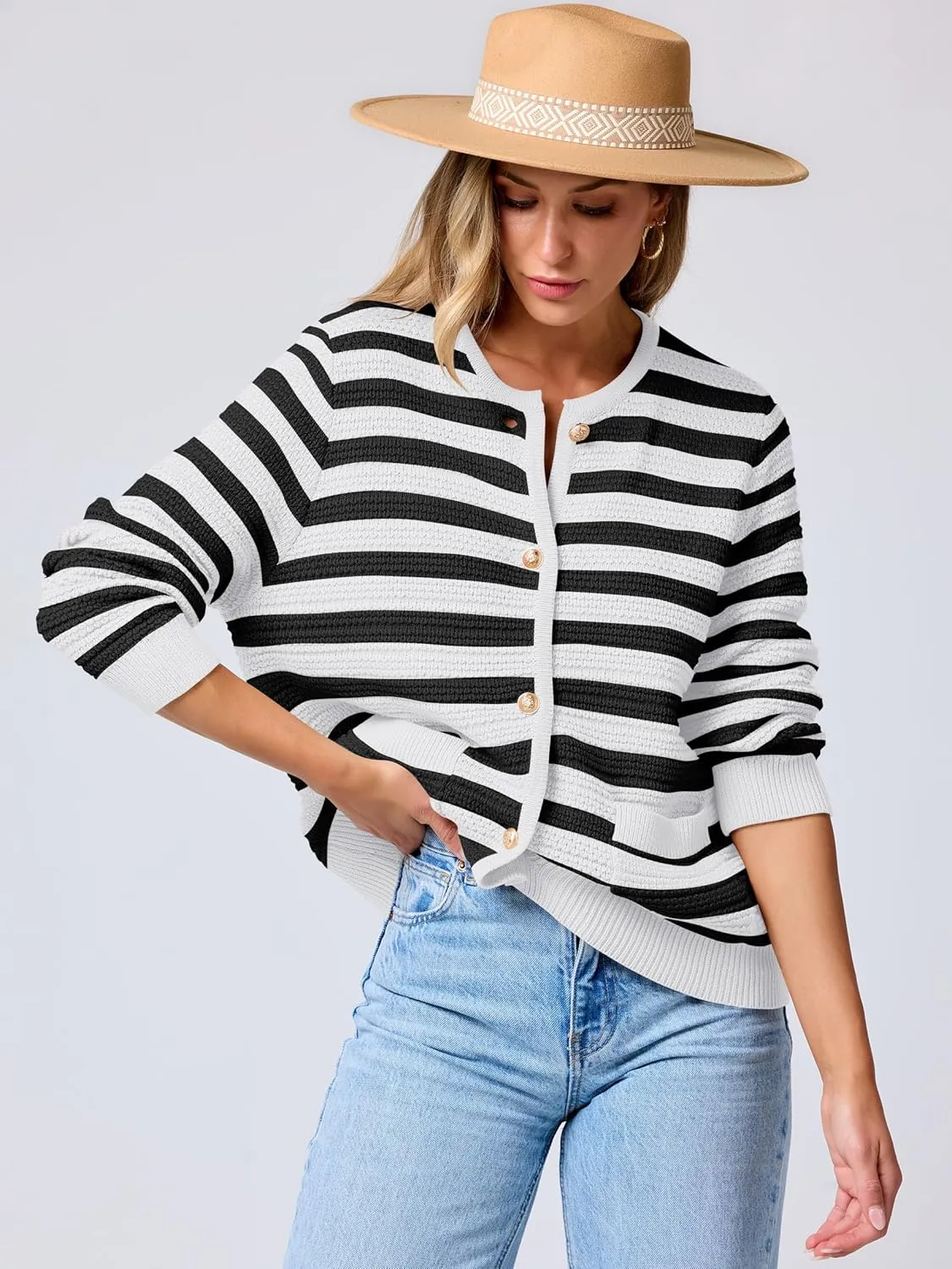 ANRABESS Women's Tweed Knit Cardigan Sweater Casual Long Sleeve Cropped Button Down Lady Jackets 2025 Spring Fashion Outwear