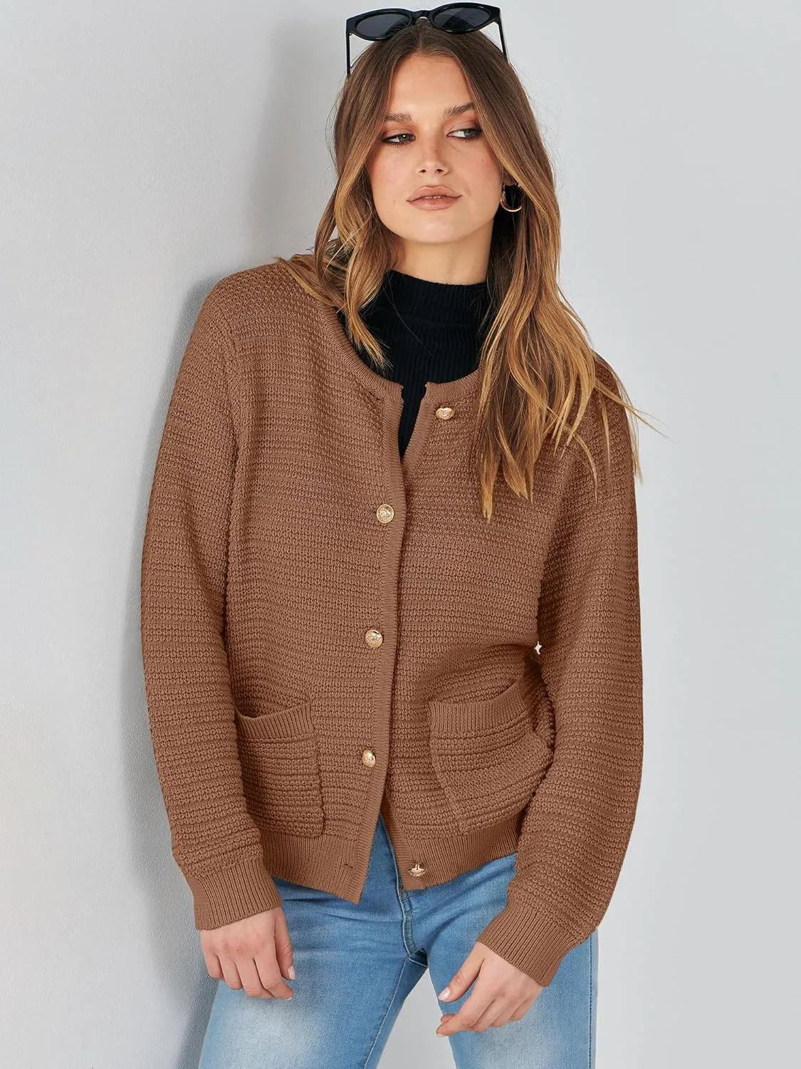 ANRABESS Women's Tweed Knit Cardigan Sweater Casual Long Sleeve Cropped Button Down Lady Jackets 2025 Spring Fashion Outwear