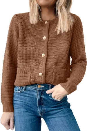 ANRABESS Women's Tweed Knit Cardigan Sweater Casual Long Sleeve Cropped Button Down Lady Jackets 2025 Spring Fashion Outwear