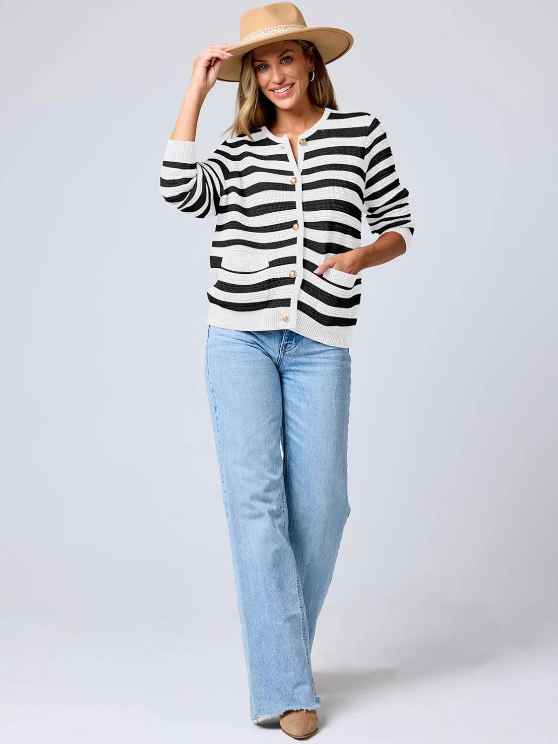 ANRABESS Women's Tweed Knit Cardigan Sweater Casual Long Sleeve Cropped Button Down Lady Jackets 2025 Spring Fashion Outwear