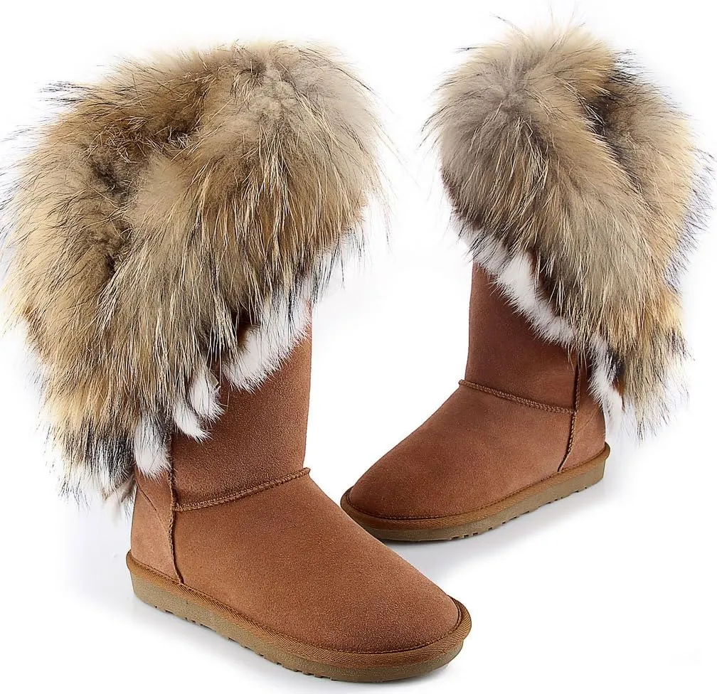 APHNUS Womens Mid Calf Boots Cow Leather Fur Snow Boots