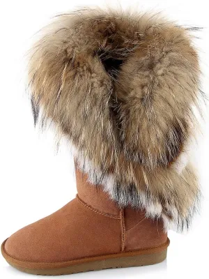 APHNUS Womens Mid Calf Boots Cow Leather Fur Snow Boots