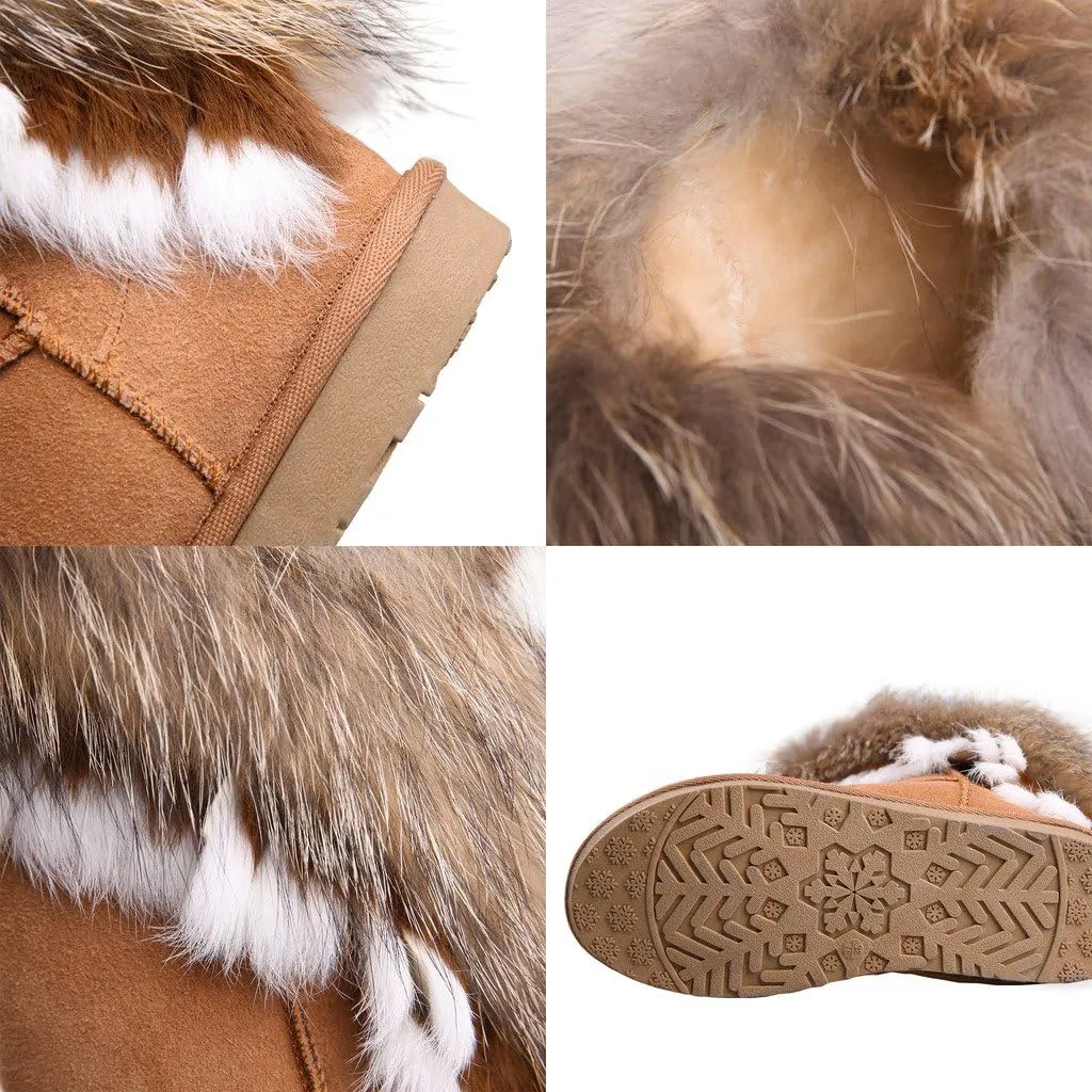 APHNUS Womens Mid Calf Boots Cow Leather Fur Snow Boots