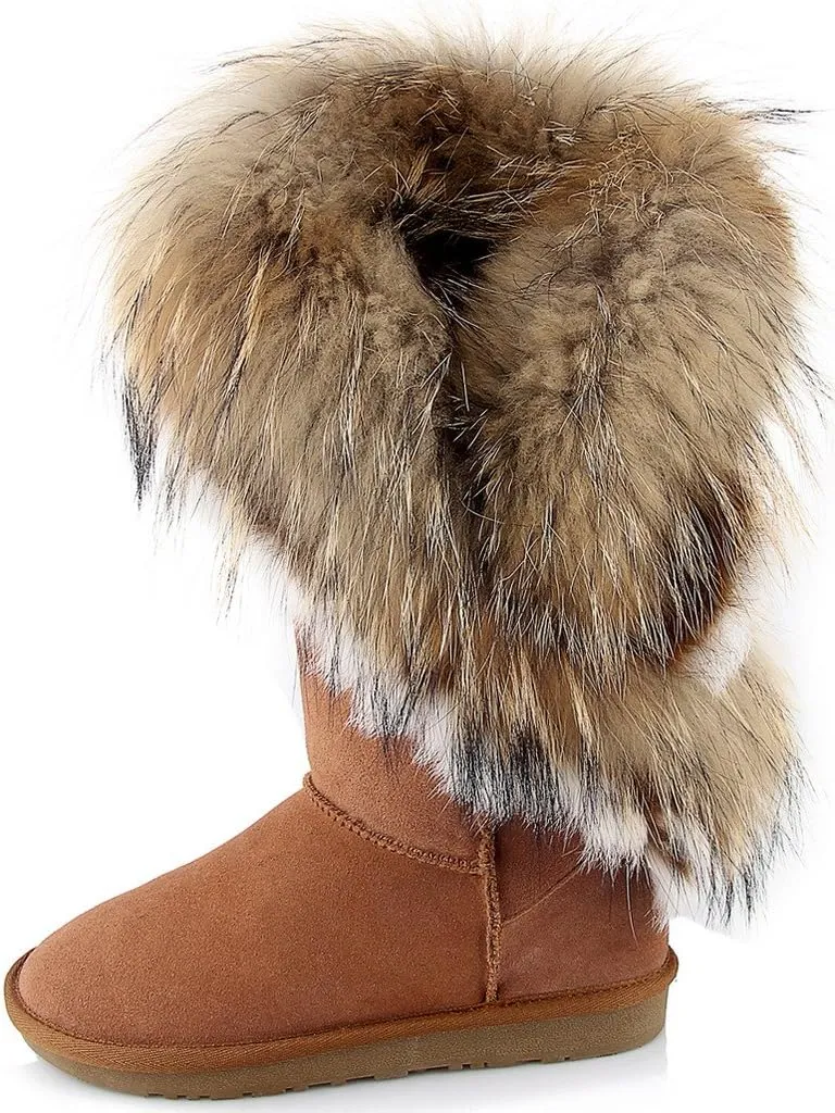APHNUS Womens Mid Calf Boots Cow Leather Fur Snow Boots