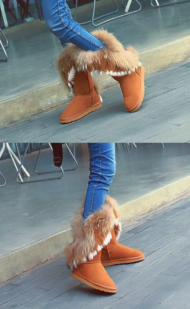 APHNUS Womens Mid Calf Boots Cow Leather Fur Snow Boots