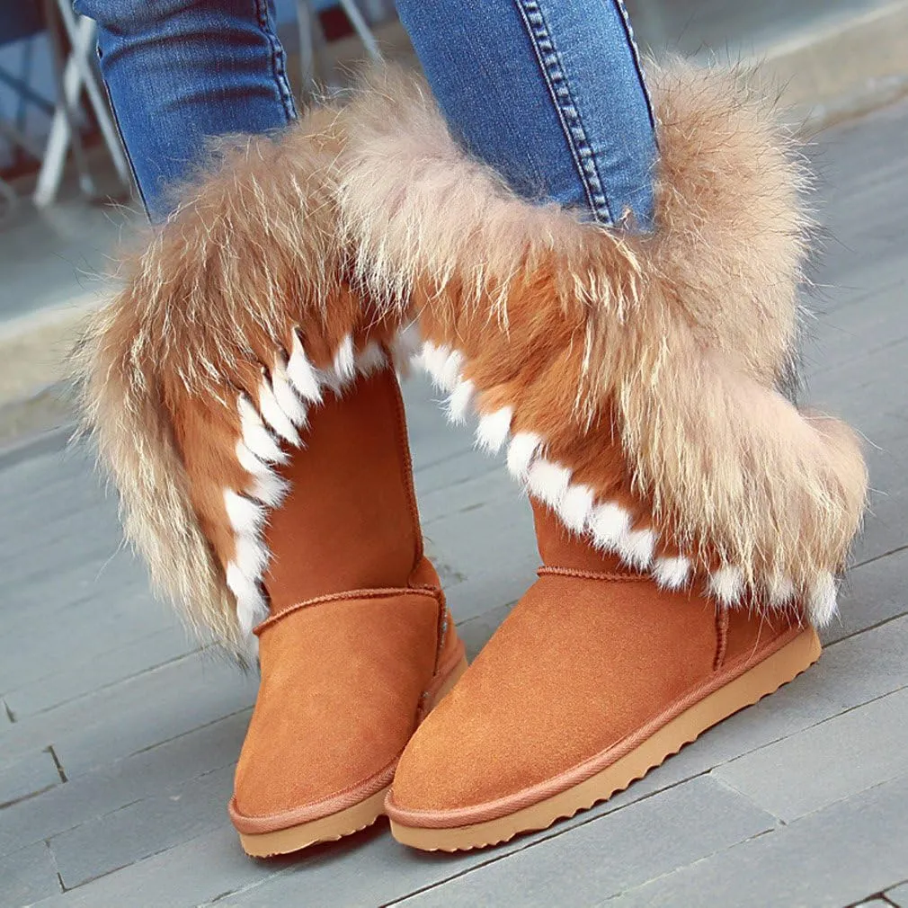 APHNUS Womens Mid Calf Boots Cow Leather Fur Snow Boots
