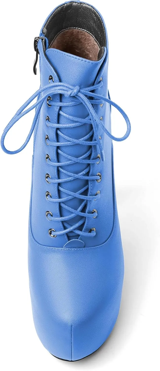 AUMOTED Women's Ankle Boots Platform Round Toe Combat Boots Stiletto High Heel Booties Sexy Fashion 6.3" Lace Up Zipper Warm Short Boots
