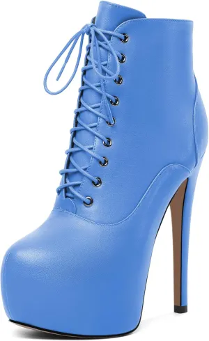 AUMOTED Women's Ankle Boots Platform Round Toe Combat Boots Stiletto High Heel Booties Sexy Fashion 6.3" Lace Up Zipper Warm Short Boots