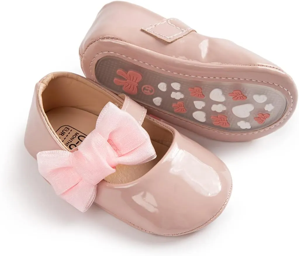 Baby Mary Jane Flats for Girls with Bowknot Cotton Anti Skid Sole Infant First Walker Princess Dress Crib Wedding Shoes