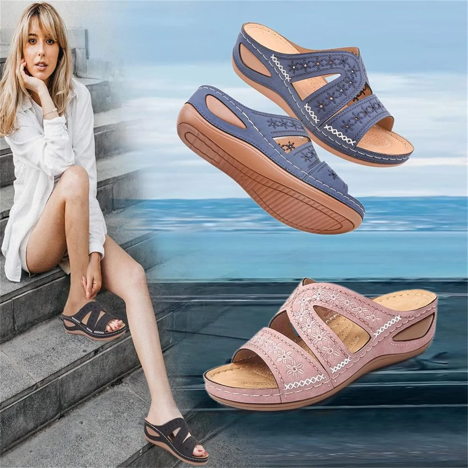 BBPM Women's Dressy Fish Mouth Wedge Sandals Open Toe Platform Boho Shoes Dressy Summer Outdoor Casual Embroidery Beach Slippers for Women,Purple,EU35/US4.5