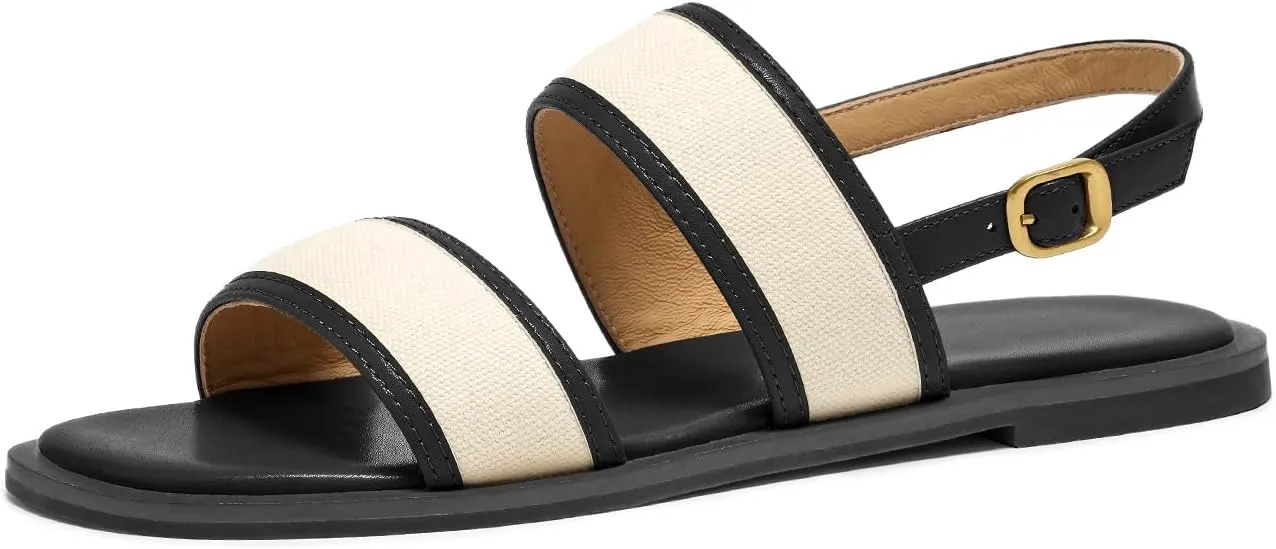 BEAU TODAY Flat Sandals for Women, Women’s Leather Sandals with Back Strap, Open Toe Summer Shoes Buckle Comfortable Dress Sandals Shoes for Women