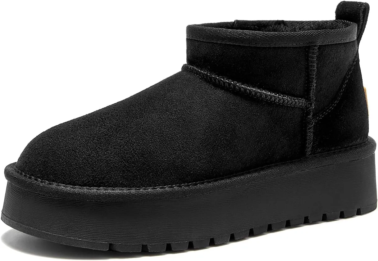 BEAU TODAY Womens Platform Ankle Boots Genuine Sheepskin Mini Boots for Women Comfortable Anti-Slip Snow Boots Pull-on Walking Winter Boots Outdoors