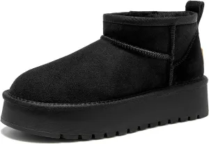 BEAU TODAY Womens Platform Ankle Boots Genuine Sheepskin Mini Boots for Women Comfortable Anti-Slip Snow Boots Pull-on Walking Winter Boots Outdoors
