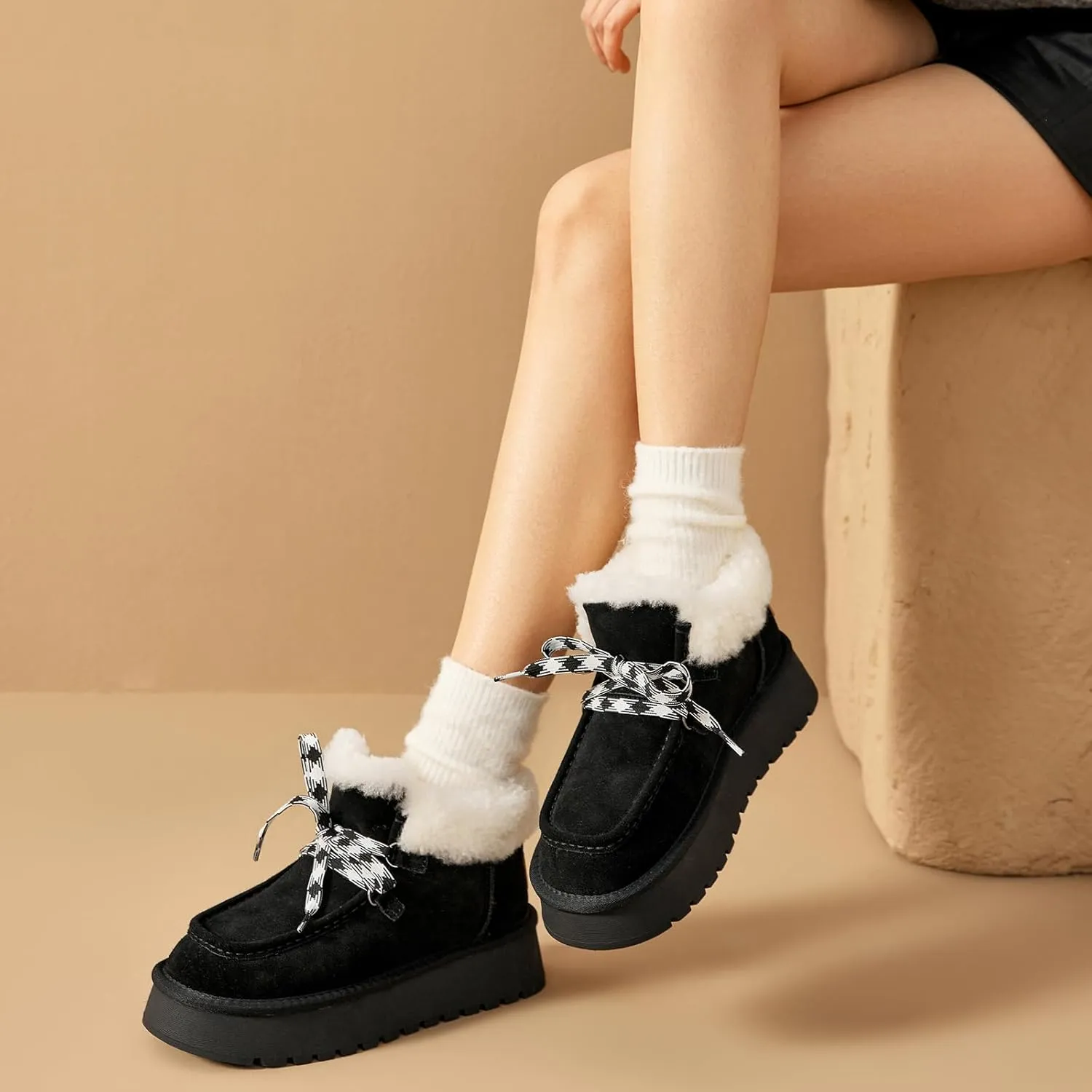 BEAU TODAY Womens Winter Snow Boots, Fur Lined Ankle Booties for Women Warm Boots, Chunky Platform Lace-up Boots Shoes Suede Leather Non-slip Warm Winter Shoes