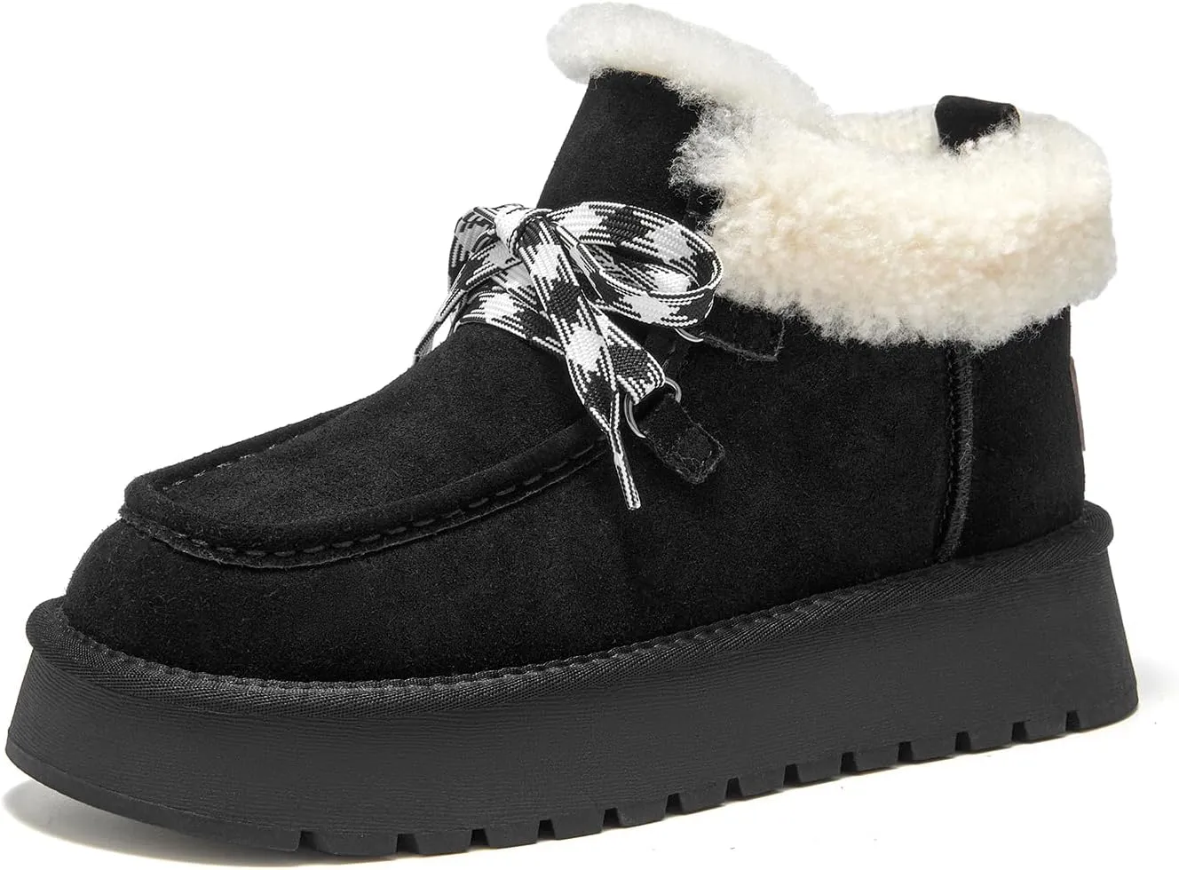 BEAU TODAY Womens Winter Snow Boots, Fur Lined Ankle Booties for Women Warm Boots, Chunky Platform Lace-up Boots Shoes Suede Leather Non-slip Warm Winter Shoes