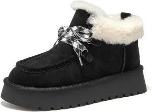 BEAU TODAY Womens Winter Snow Boots, Fur Lined Ankle Booties for Women Warm Boots, Chunky Platform Lace-up Boots Shoes Suede Leather Non-slip Warm Winter Shoes