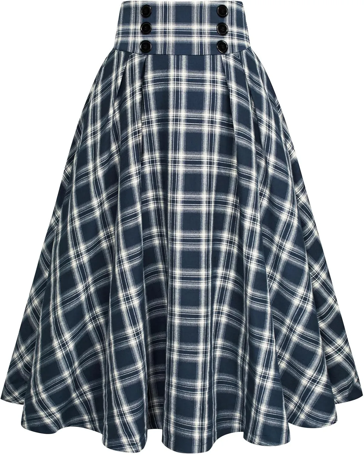 Belle Poque Vintage Plaid Skirt for Women High Waisted Midi A-line Skirts Pleated Skirt with Pockets