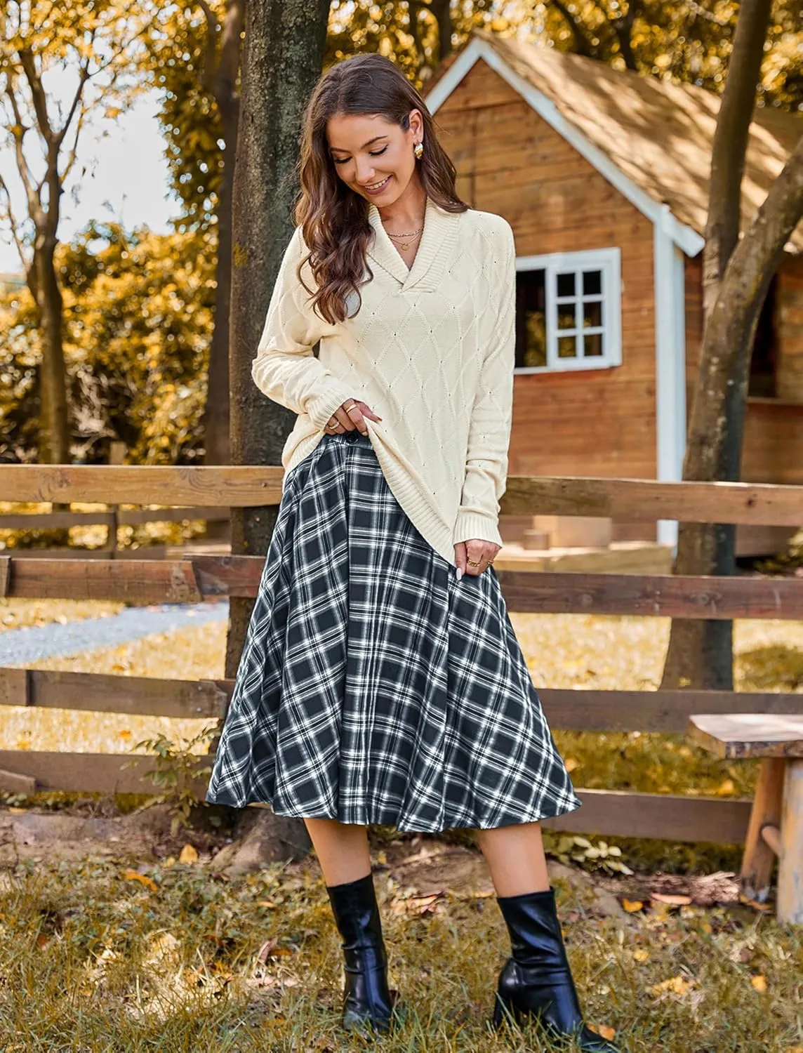 Belle Poque Vintage Plaid Skirt for Women High Waisted Midi A-line Skirts Pleated Skirt with Pockets