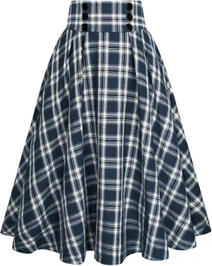 Belle Poque Vintage Plaid Skirt for Women High Waisted Midi A-line Skirts Pleated Skirt with Pockets
