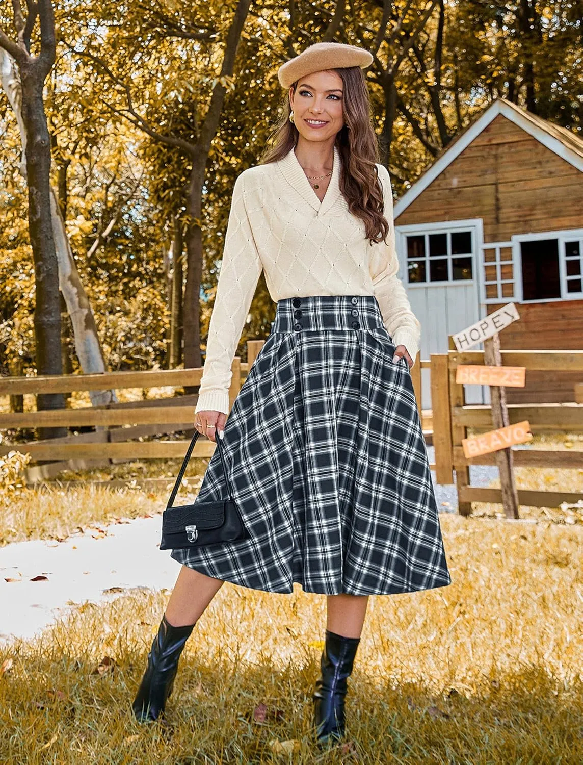 Belle Poque Vintage Plaid Skirt for Women High Waisted Midi A-line Skirts Pleated Skirt with Pockets