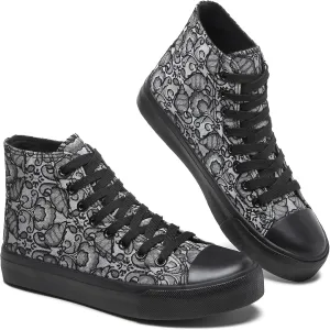 BENPAO Women's High Top Canvas Sneakers, Floral Embroidered Fashion Tennis Shoes - White Breathable Casual Walking Shoes