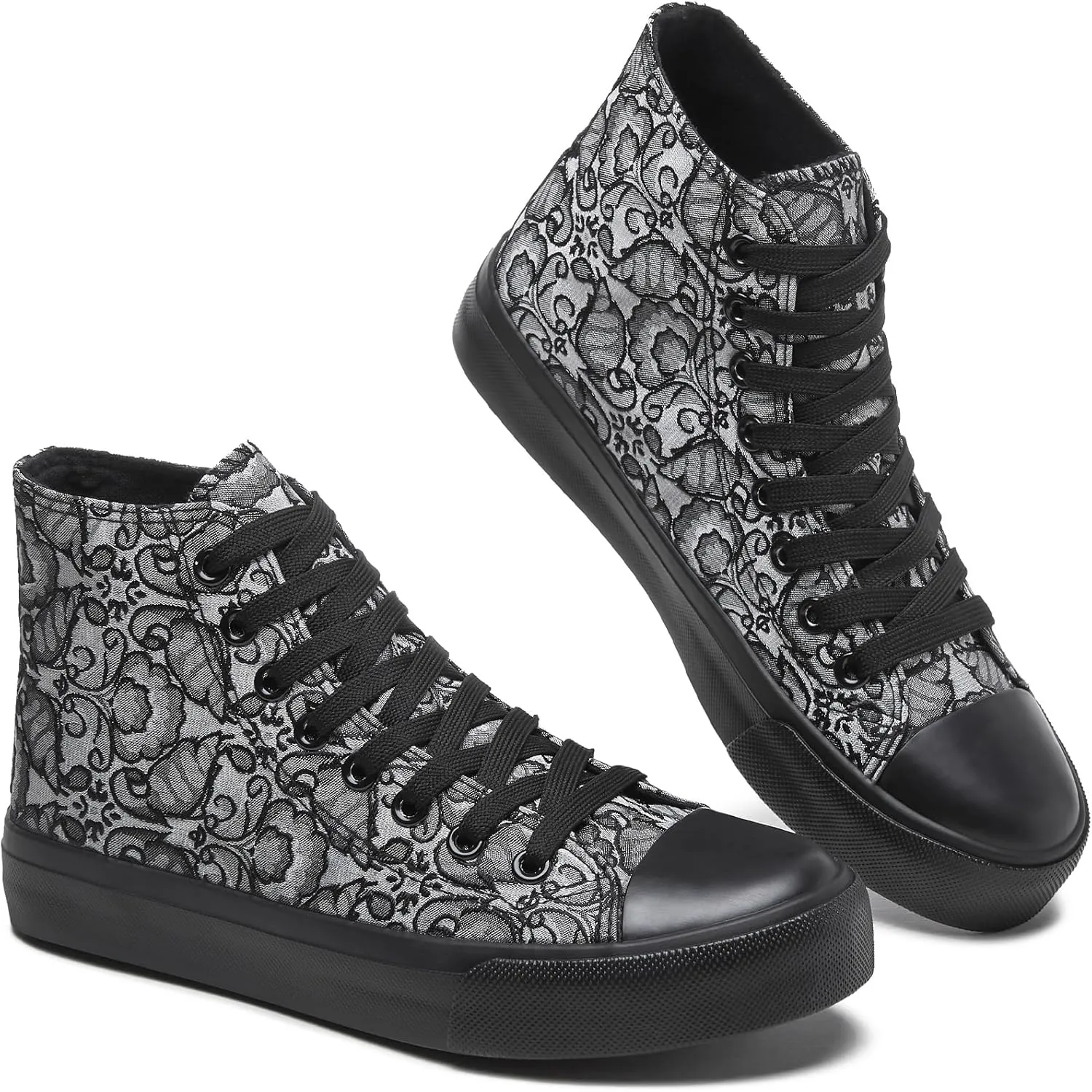 BENPAO Women's High Top Canvas Sneakers, Floral Embroidered Fashion Tennis Shoes - White Breathable Casual Walking Shoes