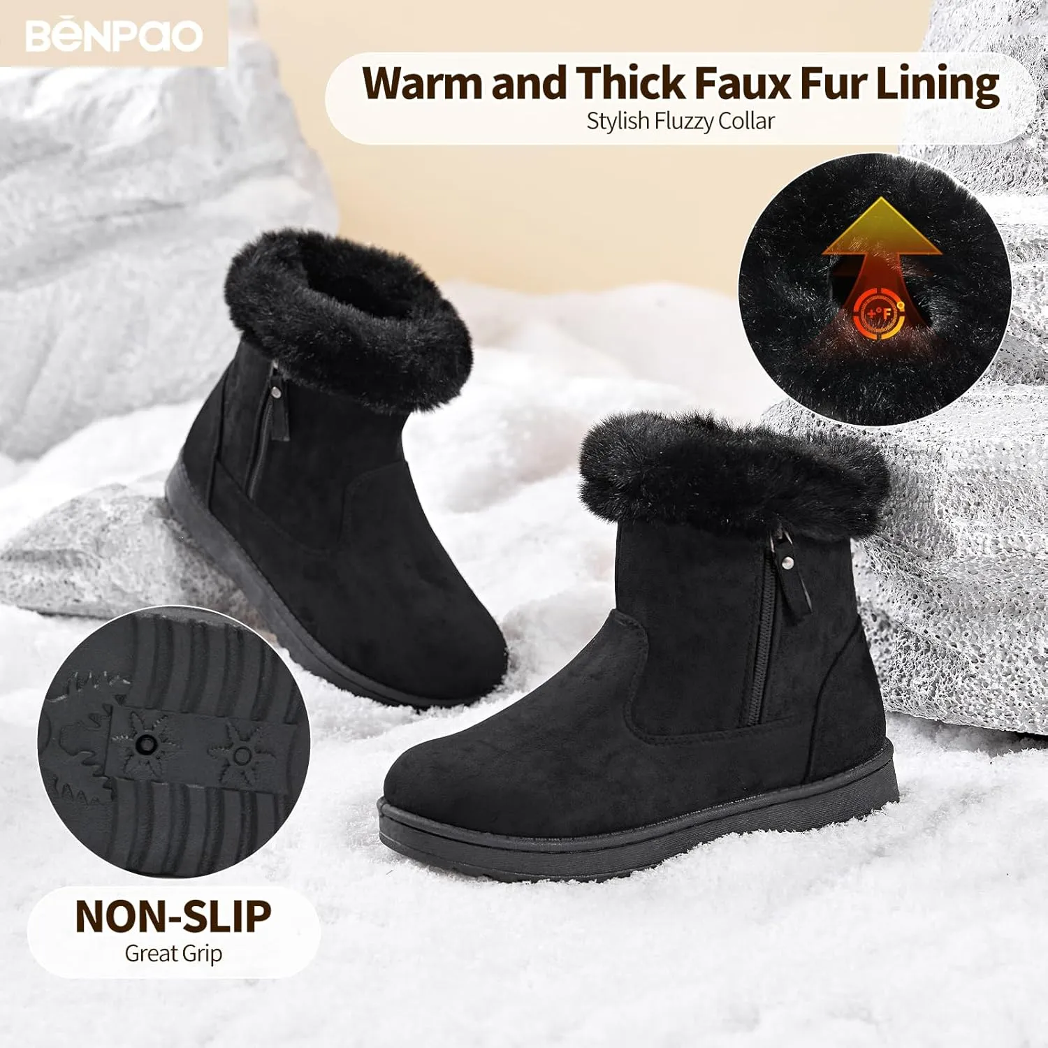 BENPAO Women's Winter Snow Boots - Fuzzy Mini Short Suede Ankle Booties with Zipper