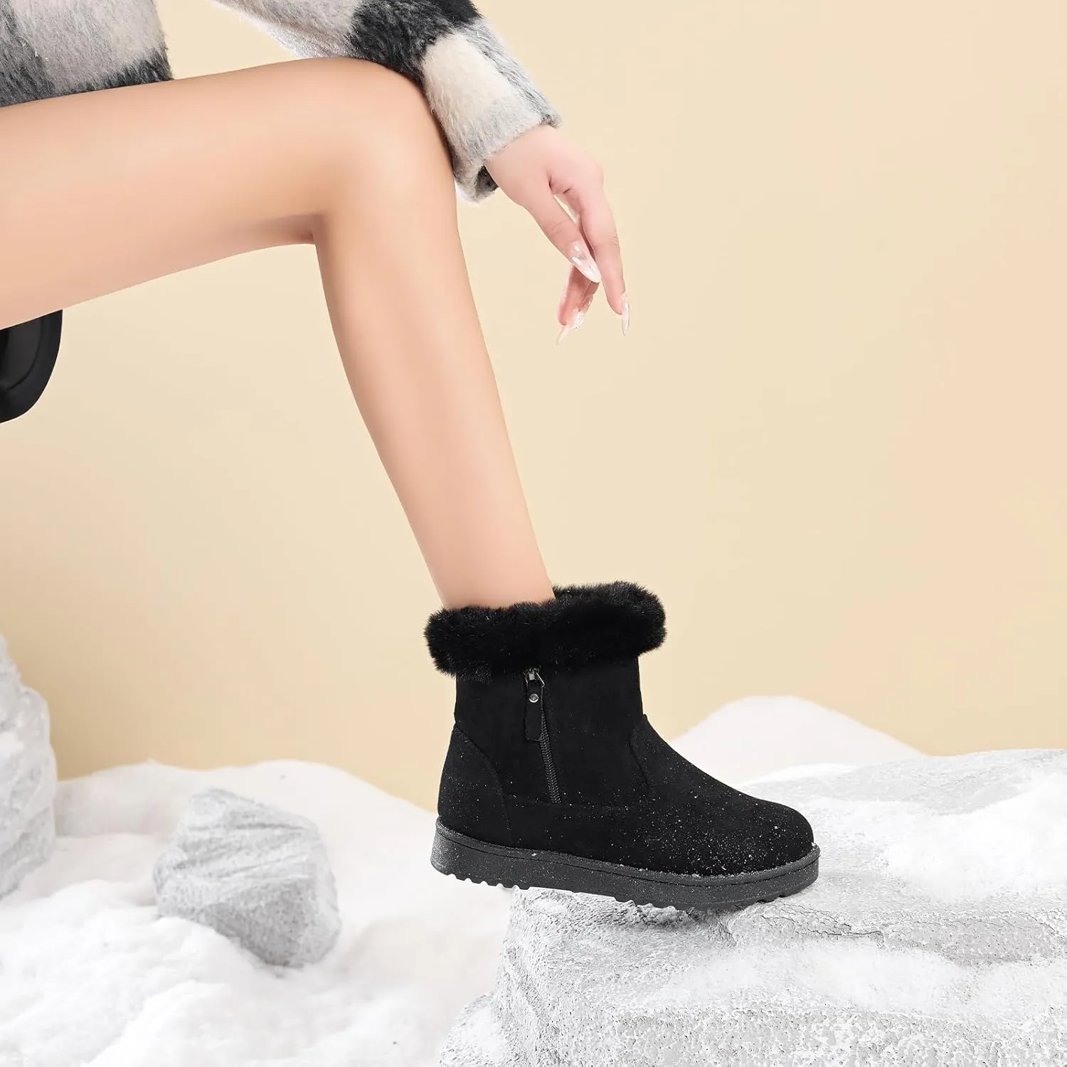 BENPAO Women's Winter Snow Boots - Fuzzy Mini Short Suede Ankle Booties with Zipper