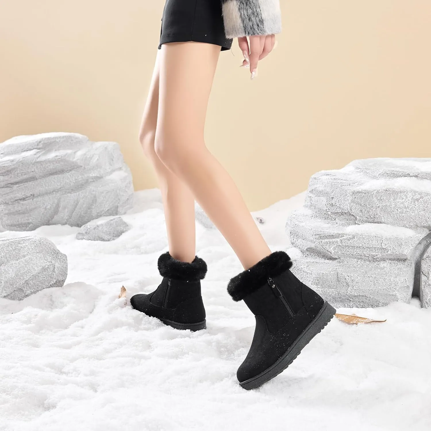 BENPAO Women's Winter Snow Boots - Fuzzy Mini Short Suede Ankle Booties with Zipper