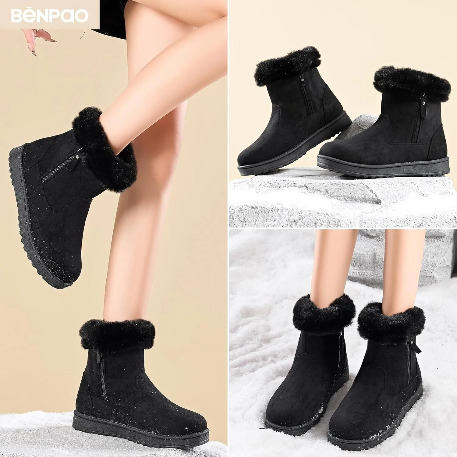 BENPAO Women's Winter Snow Boots - Fuzzy Mini Short Suede Ankle Booties with Zipper