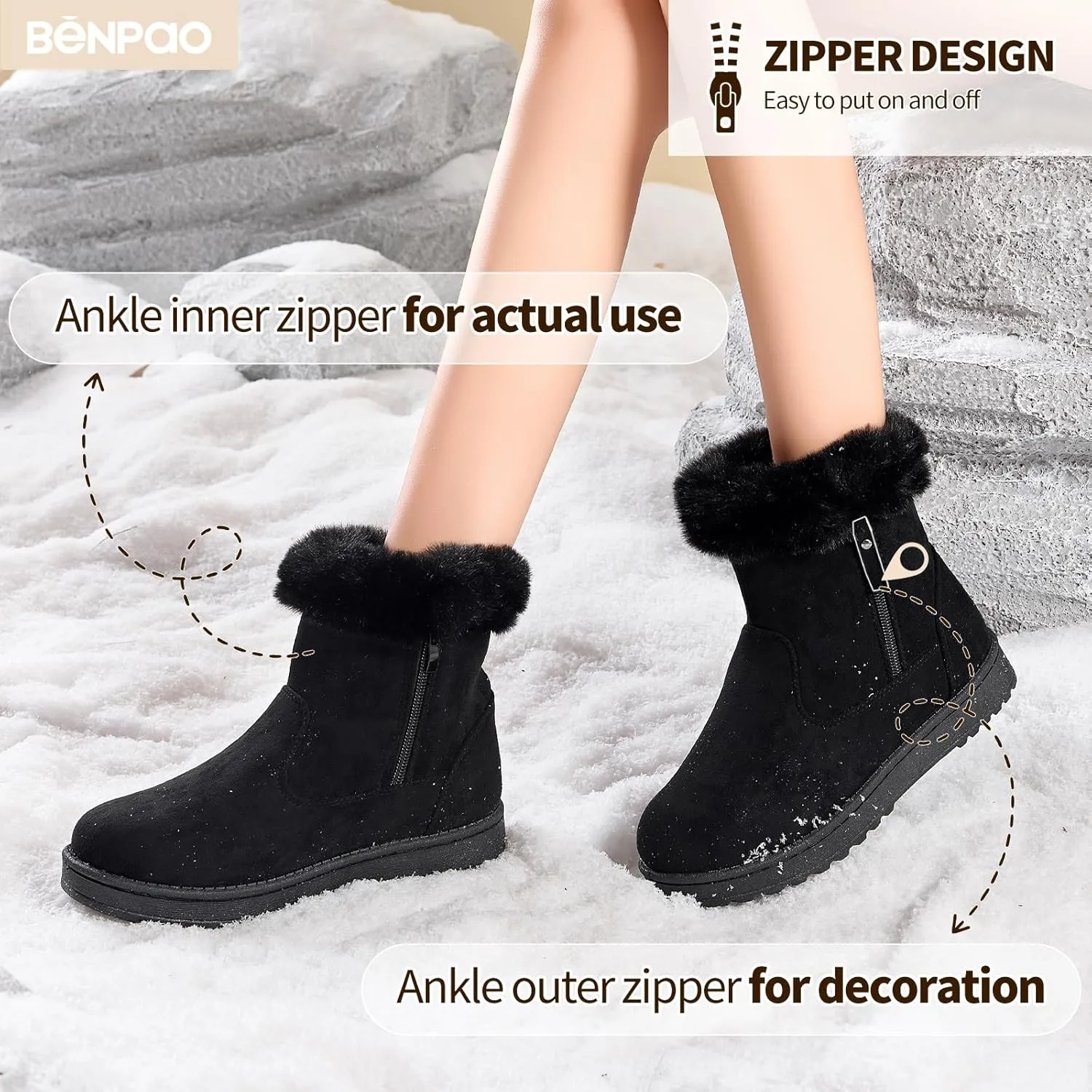BENPAO Women's Winter Snow Boots - Fuzzy Mini Short Suede Ankle Booties with Zipper