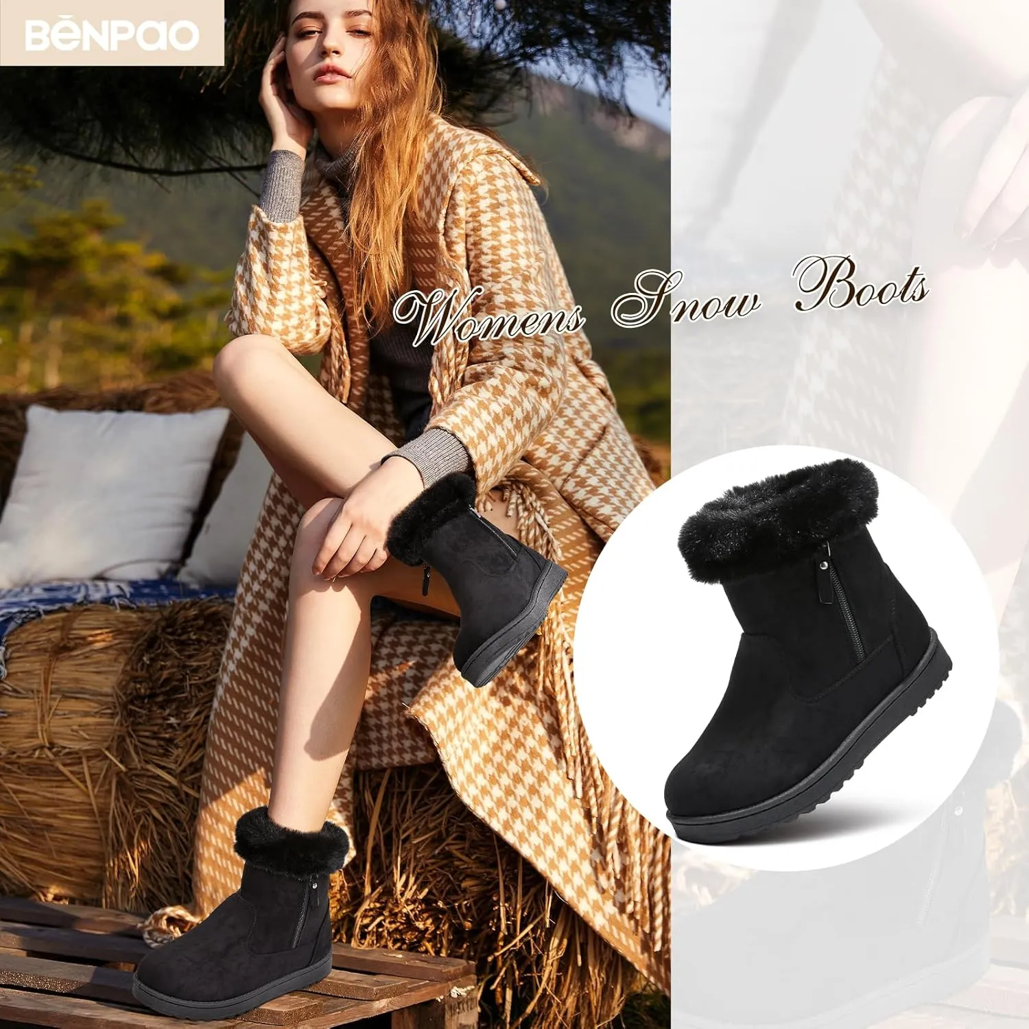 BENPAO Women's Winter Snow Boots - Fuzzy Mini Short Suede Ankle Booties with Zipper