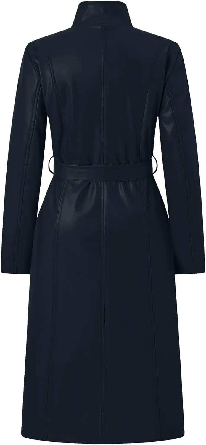 Betusline Womens Faux Leather Jacket Casual Lapel Long PU Trench Coat Outerwear with Belt