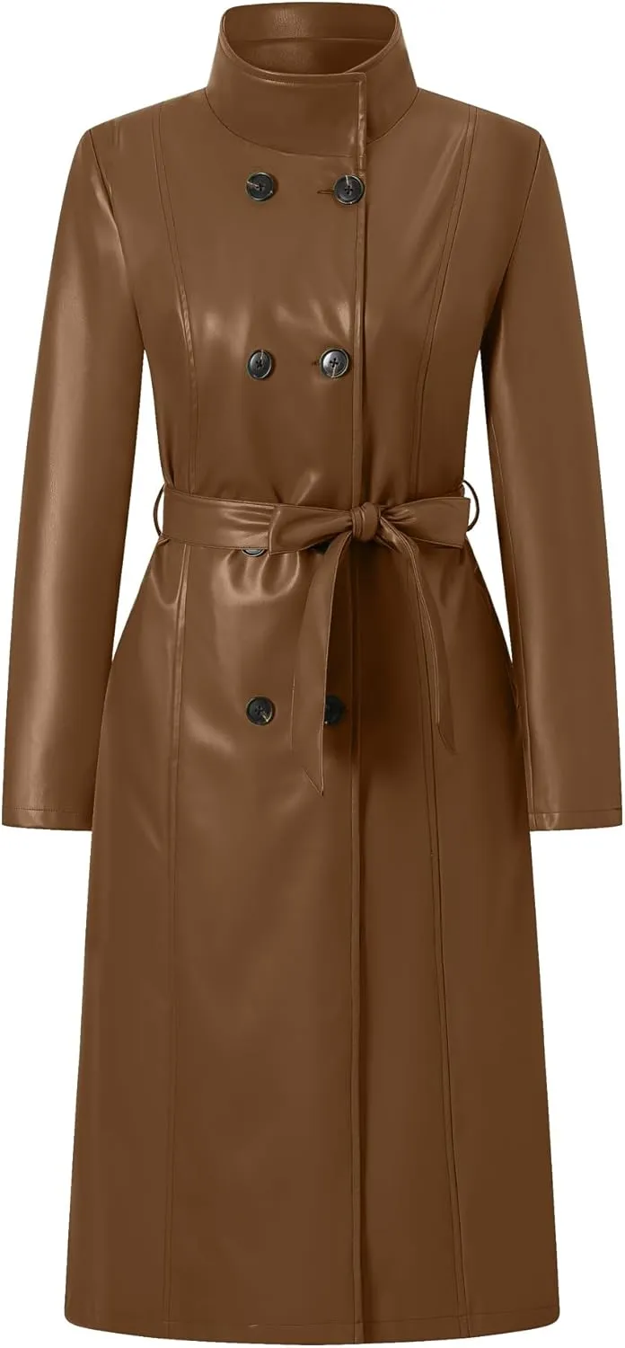 Betusline Womens Faux Leather Jacket Casual Lapel Long PU Trench Coat Outerwear with Belt