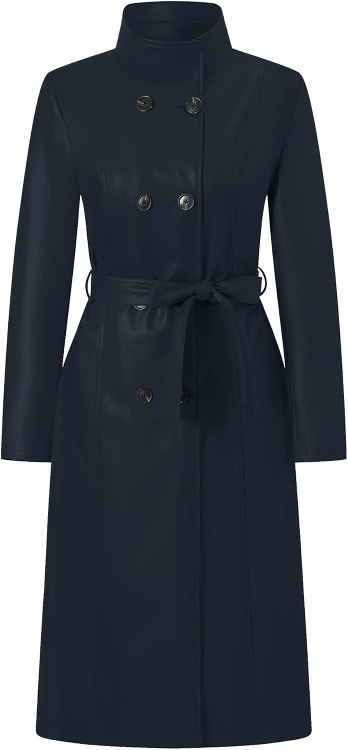 Betusline Womens Faux Leather Jacket Casual Lapel Long PU Trench Coat Outerwear with Belt