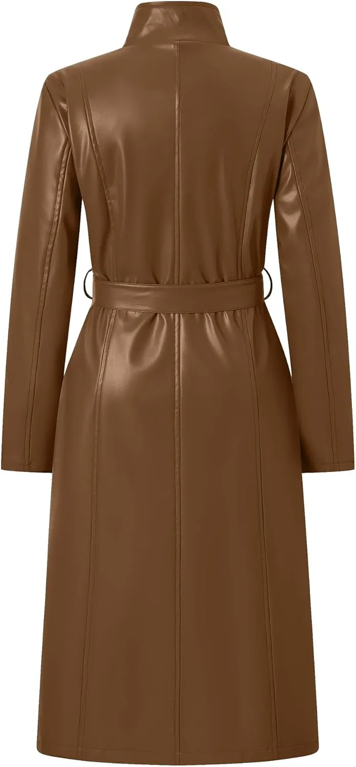 Betusline Womens Faux Leather Jacket Casual Lapel Long PU Trench Coat Outerwear with Belt